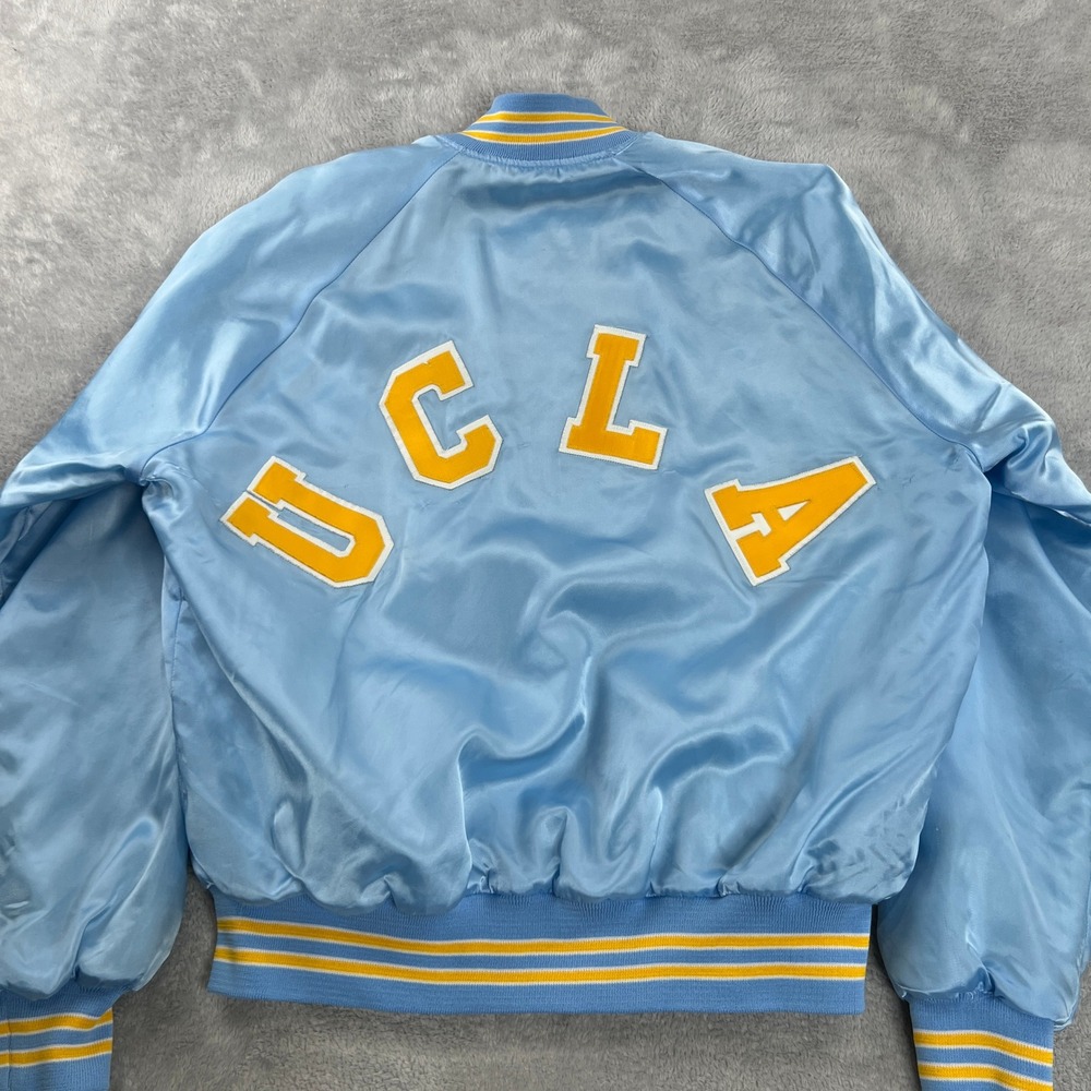 VTG UCLA Bruins Satin Bomber Jacket L Baby Blue Spell Out Back Embroidered USA